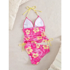 Pink Floral Bead Halter Side Lace Up Bathing Suit Bikini Set