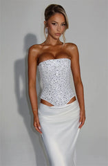 Sequins Scarf Collar Lace Up Corset Top And Satin Maxi Skirt