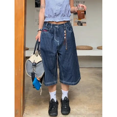 Blue Calf Length Cargo Baggy Denim Trousers