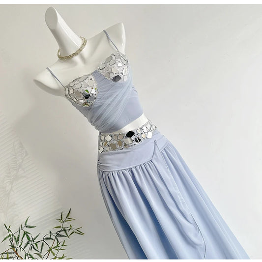 Rhinestone Patchwork Mesh Crop Top And Midi Skirt Set