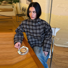 Plaid Asymmetric Button Stand Collar Jacket