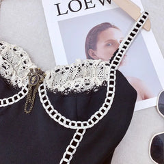 Black Fishbone Lace Trim Mini Dress