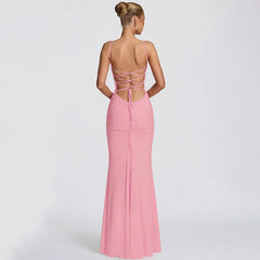 Solid Backless Lace-up Spaghetti Strap Maxi Dress