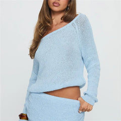 Blue Knit Long Sleeve Off Shoulder Top