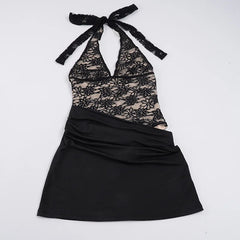 Black Halter Neck Lace Patchwork Bodysuit Mini Dress
