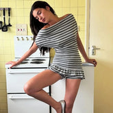 Off-Shoulder Strip Ruffle Hem Top