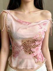 Pink Flower Print Lace-up Off-Shoulder Top