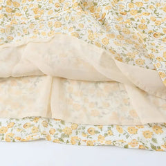 Yellow Floral Print Square Collar Smocked Long Sleeve Mini Dress