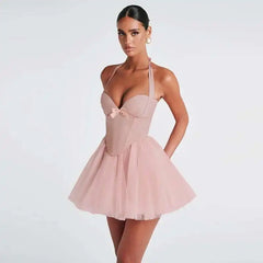 Pink Halter Tie Up Tulle Mini Dress
