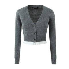 Grey Lace Trim Knit Cardigan And Shorts Set