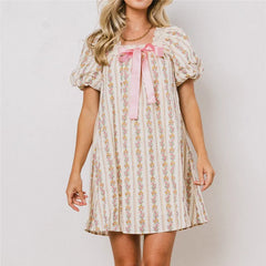 Ribbon Bow Puff Short Sleeve Floral Print Mini Dress