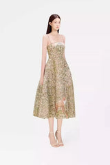 Flower Embroidered Strappy Flare Midi Dress