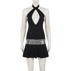 Black Halter Hollow Out Sequin Strap Mini Dress