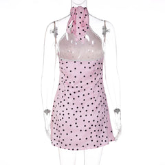 Pink Polka Dot Satin Halter Mini Dress