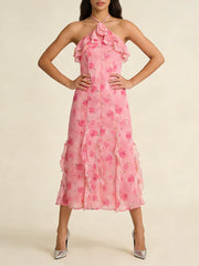 Pink Rose Print Ruffle Midi Dress