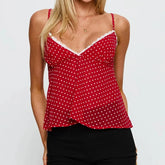 Polka Dot Lace Trim V Neck Babydoll Crop Top