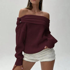 Off The Shoulder Fold Over Long Sleeve Ribbed Sweater