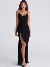 Black Mesh V-neck Strappy High Slit Maxi Dress