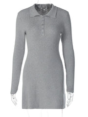 Grey Polo Collar Long Sleeve Knitted Mini Dress