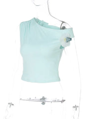 Blue 3D Flower-applique One-Shoulder Top