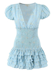 Blue Smocked Floral Printed Short Sleeve Mini Dress