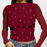 Red Crystal Appliques Long Sleeve Top