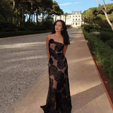 Black One-Shoulder Floral Desgin Long Dress