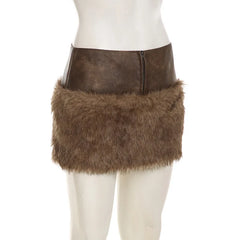 Brown Faux Fur Crop Coat With Patchwork Mini Skirt