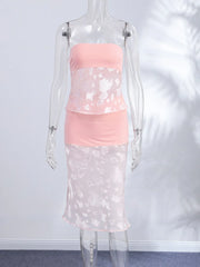 Mesh Patchwork Tube Top And Midi Skirt Set