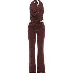 Brown Rhinestone Cowl Neck Top And Wide Leg Pants Set