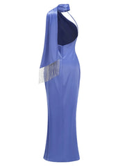 Blue Halter Neck One Shoulder Beaded Tassel Maxi Dress