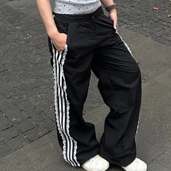Black Striped Sweatpants with Lace Patchwork