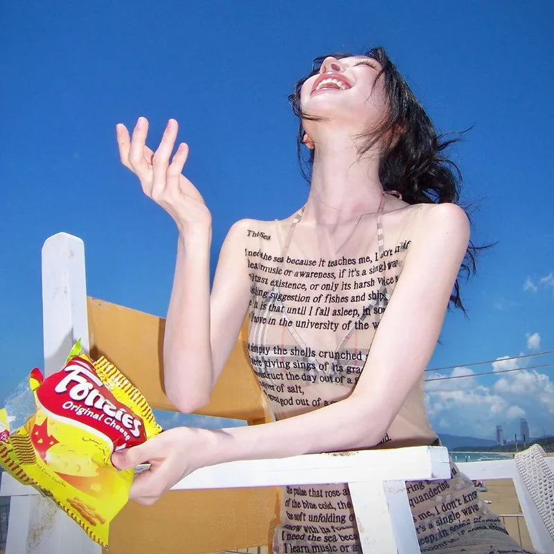 Women's letter print transparent mesh tank mini dress with A-line silhouette.