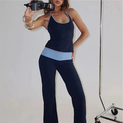 Blue Two Tone Halter Top with High Waisted Pants Set