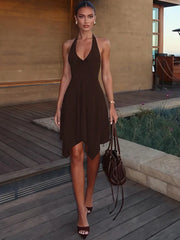 Halter V‑Neck Twist Backless Irregular Hem Mini Dress