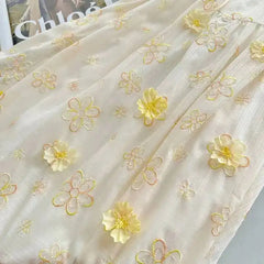 Yellow Spaghetti Strap Embroidered Flower Midi Dress