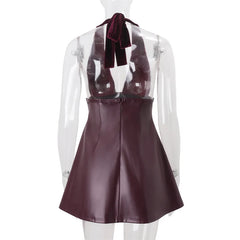 Burgundy V-Neck Halter PU Leather Mini Dress