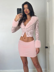 Furry Jacquard Patchwork Hook Buckle Crop Top And Mini Skirt Set