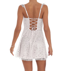 Sequin Ruffle Sleeve Tie Up Mini Dress