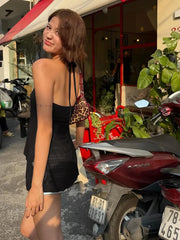 Beaded Halter Strap Mesh Top
