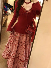 Women's red strawberry print tassel long skirt with tiered ruffles.