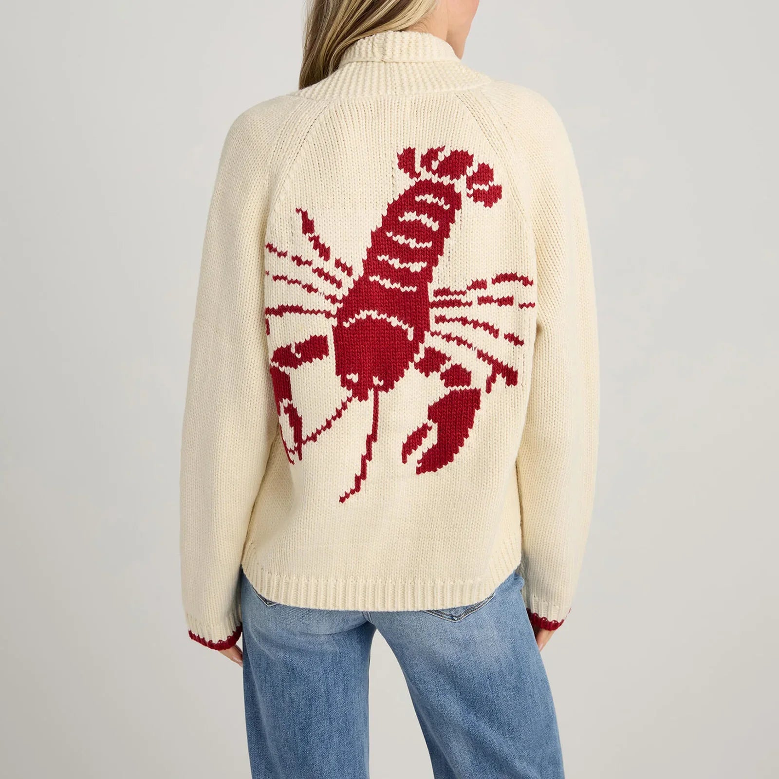 Women's lobster knit cardigan with O-neck and short length.