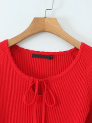 Solid Knit Long Sleeve Front Tie Mini Dress