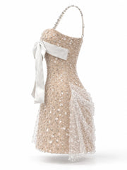 Sequin Layered Bow Dimond Strap A-Line Mini Dress