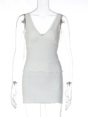 Ribbed V-neck Vest And Mini Skirt Set