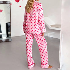 Pink Heart Dot Print Long Sleeve Turn Down Collar Top and Elastic Waist Pants Set