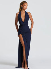 Halter Deep Cowl Neck Split Maxi Dress