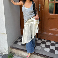 Satin Bow Tie Up Frill Midi Skirt