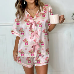 Christmas Santa Claus Print Pink Bow Shirt and Pants Pyjama Set