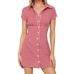 Plaid Short Sleeve Button Mini Dress